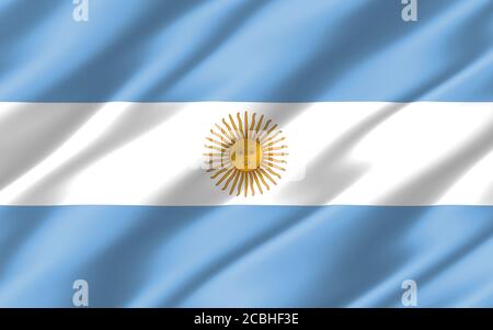 Seide gewellte Flagge von Argentinien Grafik. Gewellte argentinische Flagge 3D-Illustration. Die gekräuselte argentinische Landesflagge ist ein Symbol für Freiheit, Patriotismus und Inde Stockfoto