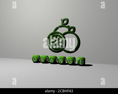 ORANGEFARBENES 3D-Symbol an der Wand und Text von Cubic Alphabete auf dem Boden - 3D-Darstellung für Hintergrund und Zusammenfassung Stockfoto