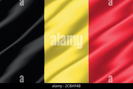 Seide gewellte Flagge von Belgien Grafik. Gewellte belgische Flagge 3D-Illustration. Die rippled Belgium country flag ist ein Symbol für Freiheit, Patriotismus und Unabhängigkeit Stockfoto