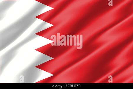 Seide gewellte Flagge von Bahrain Grafik. Wavy Bahraini Flagge 3D-Illustration. Rippled Bahrain Land Flagge ist ein Symbol für Freiheit, Patriotismus und Unabhängigkeit Stockfoto