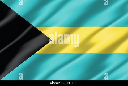 Seide gewellte Flagge der Bahamas Grafik. Gewellte Bahamian Flagge 3D-Illustration. Rippled Bahamas Land Flagge ist ein Symbol für Freiheit, Patriotismus und Unabhängigkeit Stockfoto