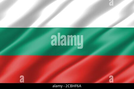 Seide gewellte Flagge von Bulgarien Grafik. Gewellte bulgarische Flagge 3D-Illustration. Die gekräuselte bulgarische Landesflagge ist ein Symbol für Freiheit, Patriotismus und Unabhängigkeit Stockfoto