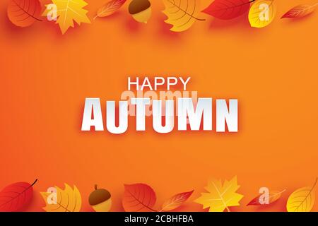 Happy Herbst Papier Art Stil mit Blättern hängen auf orangefarbenem Hintergrund. Verwenden Sie diese Karte für Grußkarten oder Einladungen. Stock Vektor