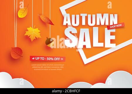 Herbst-Verkauf mit Blättern in Papierkunst-Stil auf orangefarbenem Hintergrund. Stock Vektor