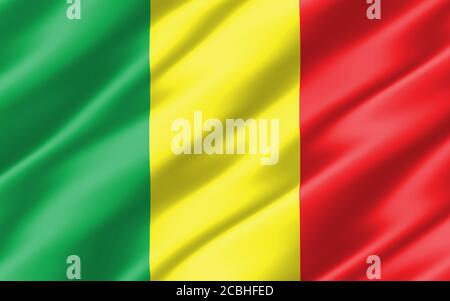 Seide gewellte Flagge von Mali Grafik. Gewellte malische Flagge 3D-Abbildung. Rippled Mali Land Flagge ist ein Symbol für Freiheit, Patriotismus und Unabhängigkeit. Stockfoto