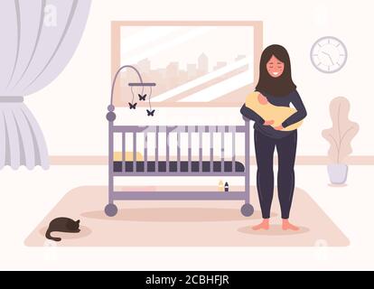Glückliche Mutterschaft. Arabische Frau steht an der Krippe und hält das Baby in den Armen. Babywiege. Kreatives Design für ui, ux, Apps, Software und Stock Vektor