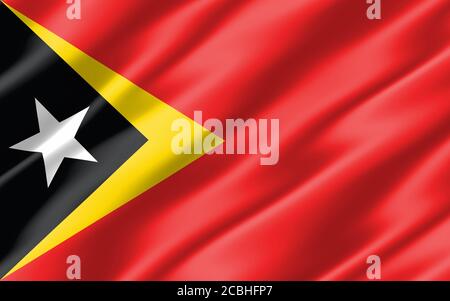 Seide gewellte Flagge von Timor Leste Grafik. Gewellte Timorese Flagge 3D-Illustration. Rippled Timor Leste Land Flagge ist ein Symbol der Freiheit, Patriotismus und ind Stockfoto