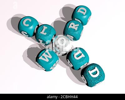 Wort Wolke Kreuzworträtsel von gebogenem Text aus einzelnen Buchstaben - 3D-Illustration für Konzept und Hintergrund Stockfoto