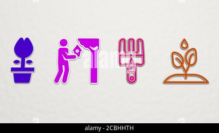 GARDENING 4 Icons Set - 3D-Illustration für Hintergrund und Grün Stockfoto