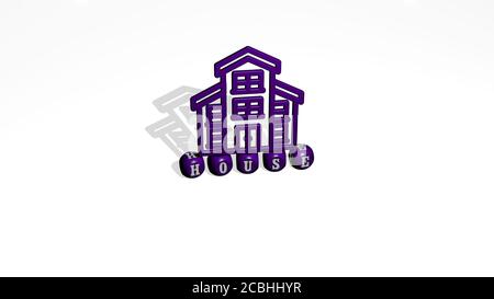 HAUS 3D-Symbol über kubische Buchstaben - 3D-Illustration für Gebäude und Architektur Stockfoto