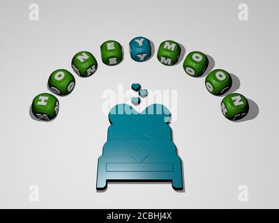 HONEYMOON Symbol umgeben von dem Text der einzelnen Buchstaben - 3D-Illustration für Paar und Strand Stockfoto