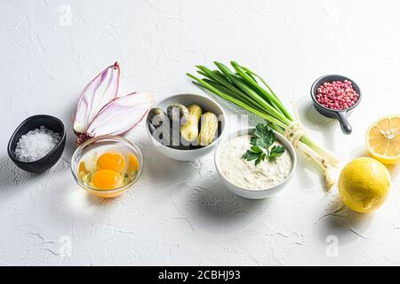 Konzept Bio-Tartare in einer weißen Porzellanschale mit Gemüse in einer Reihe Kapern, Gurken, Petersilie, Zitrone und Eier von frischer Mayonnaise dieser Klassiker Stockfoto