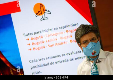 Die ehemalige Bürgermeisterin von Bogota, Claudia Lopez, kündigt neue sektorisierte Sperren an, die am Sonntag, den 16. August um Mitternacht beginnen und am Agust 30 enden, dem Plan zu Stockfoto