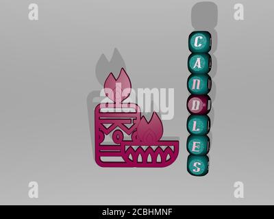 Kerzen Text neben dem 3D-Symbol - 3D-Illustration für Hintergrund und Feier Stockfoto