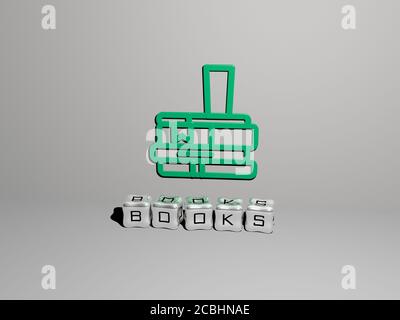BÜCHER 3D-Symbol an der Wand und kubische Buchstaben auf Der Boden - 3D-Illustration für Hintergrund und Bildung Stockfoto