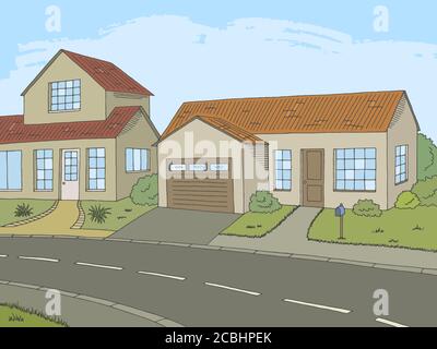 Straße Straße Grafik Farbe Landschaft Skizze Illustration Vektor Stock Vektor