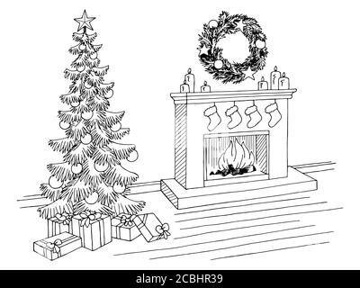 Wohnzimmer Grafik Weihnachtsbaum schwarz weiß Interieur Skizze Illustration vektor Stock Vektor