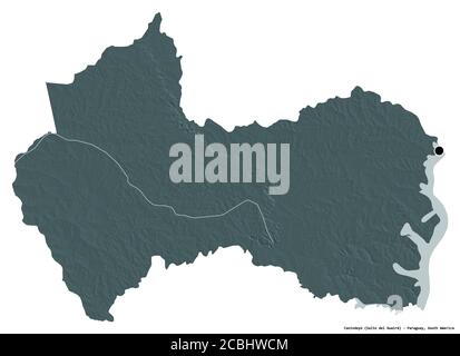 Form von Canindeyú, Department of Paraguay, mit seiner Hauptstadt isoliert auf weißem Hintergrund. Farbige Höhenkarte. 3D-Rendering Stockfoto