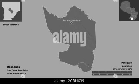 Gestalt von Misiones, Abteilung von Paraguay, und seine Hauptstadt. Entfernungsskala, Vorschauen und Beschriftungen. Höhenkarte mit zwei Ebenen. 3D-Rendering Stockfoto