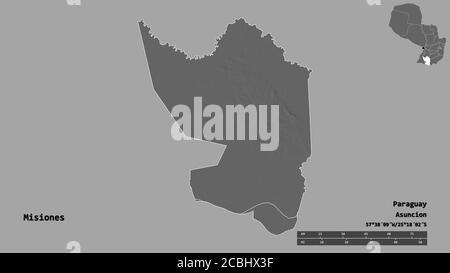 Form von Misiones, Department of Paraguay, mit seiner Hauptstadt isoliert auf festem Hintergrund. Entfernungsskala, Regionenvorschau und Beschriftungen. Höhe der Bilevel Stockfoto