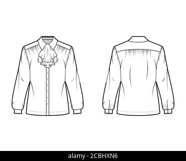 Jabot Shirt technische Mode Illustration mit langen Ärmeln mit Manschette, Rüschen entlang der klassischen Kragen, übergroß. Flatwear Bluse Vorlage vorne hinten weiß Farbe. Damen Herren Unisex TOP CAD Mockup Stock Vektor