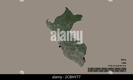 Entsättigte Form von Peru mit seiner Hauptstadt, der wichtigsten regionalen Teilung und der getrennten Ancash-Bereich. Beschriftungen. Satellitenbilder. 3D-Rendering Stockfoto