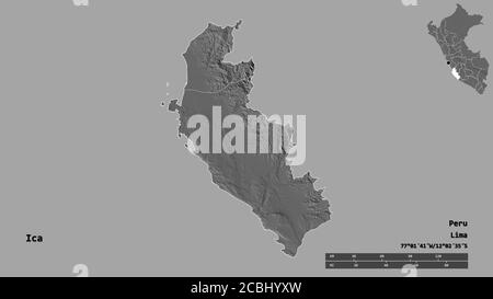 Form von Ica, Region von Peru, mit seiner Hauptstadt auf festem Hintergrund isoliert. Entfernungsskala, Regionenvorschau und Beschriftungen. Höhenkarte mit zwei Ebenen. 3D-Rend Stockfoto