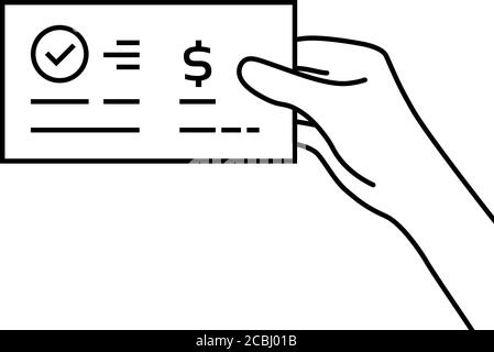 Schwarze Konturhand mit Bankscheck Stock Vektor
