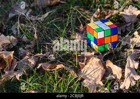 Kiew, Ukraine - 18. Oktober 2019. Rubik's Cube Rubik's Cube auf Gras und trockene Eichenblätter in den Strahlen der untergehenden Sonne Stockfoto