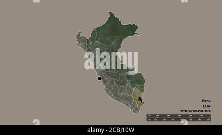 Entsättigte Form von Peru mit seiner Hauptstadt, der wichtigsten regionalen Teilung und der abgetrennten Puno-Bereich. Beschriftungen. Satellitenbilder. 3D-Rendering Stockfoto