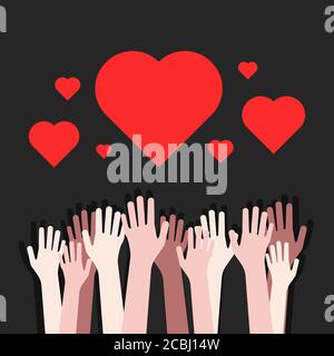 Freiwillige Nächstenliebe wie multirassische Hände oben Stock Vektor
