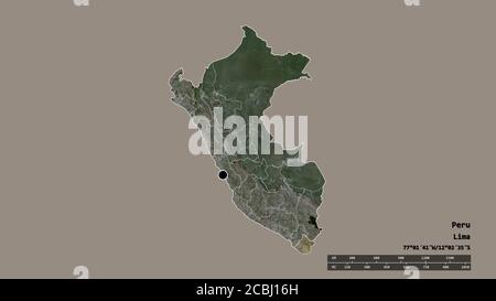 Entsättigte Form von Peru mit seiner Hauptstadt, der wichtigsten regionalen Teilung und dem abgetrennten Tacna-Gebiet. Beschriftungen. Satellitenbilder. 3D-Rendering Stockfoto
