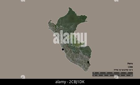 Entsättigte Form von Peru mit seiner Hauptstadt, der wichtigsten regionalen Teilung und der abgetrennten Ucayali-Bereich. Beschriftungen. Satellitenbilder. 3D-Rendering Stockfoto