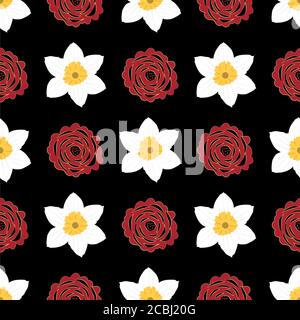 Vektor Chinesisch Neujahr nahtlose Blumenmuster Hintergrund. Schöne glückliche rote Papier schneiden Pfingstrosen und weiß Gold Narzissen Blumen schwarzen Hintergrund Stock Vektor