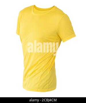 Gelbe T-Shirt-Vorlage auf unsichtbaren Schaufensterpuppe isoliert auf weißem Hintergrund, für Ihr Design Mockup Stockfoto