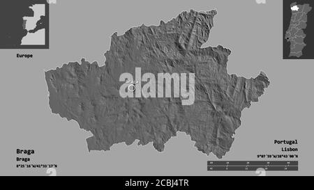 Form von Braga, Bezirk von Portugal, und seine Hauptstadt. Entfernungsskala, Vorschauen und Beschriftungen. Höhenkarte mit zwei Ebenen. 3D-Rendering Stockfoto