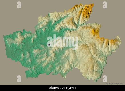 Form von Braga, Bezirk von Portugal, mit seiner Hauptstadt isoliert auf einem einfarbigen Hintergrund. Topografische Reliefkarte. 3D-Rendering Stockfoto