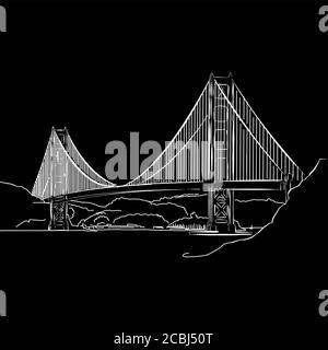 Golden Gate Bridge Zeichnung . Schwarz-weiß handgezeichnete Illustration. Symbolzeichen für Druck und Beschriftung. Stock Vektor