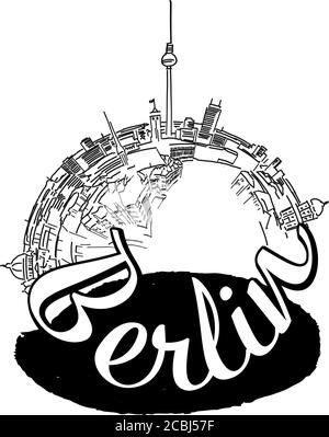 Berlin Label Zeichnung . Schwarz-weiß handgezeichnete Illustration. Symbolzeichen für Druck und Beschriftung. Stock Vektor