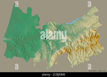 Form von Coimbra, Bezirk von Portugal, mit seiner Hauptstadt isoliert auf einem einfarbigen Hintergrund. Topografische Reliefkarte. 3D-Rendering Stockfoto