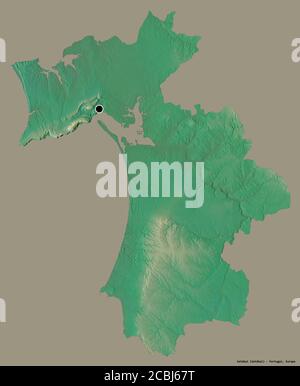 Form von Setúbal, Bezirk von Portugal, mit seiner Hauptstadt isoliert auf einem einfarbigen Hintergrund. Topografische Reliefkarte. 3D-Rendering Stockfoto