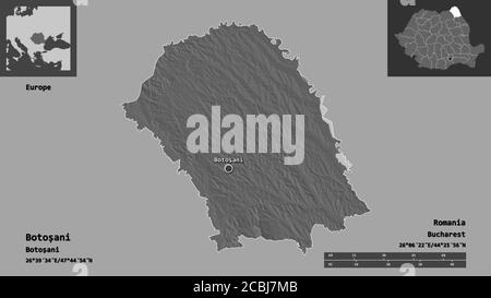 Form von Botoșani, Grafschaft von Rumänien, und seine Hauptstadt. Entfernungsskala, Vorschauen und Beschriftungen. Höhenkarte mit zwei Ebenen. 3D-Rendering Stockfoto