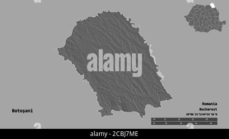 Form von Botoșani, Grafschaft Rumänien, mit seiner Hauptstadt auf festem Hintergrund isoliert. Entfernungsskala, Regionenvorschau und Beschriftungen. Höhenkarte mit zwei Ebenen. Stockfoto