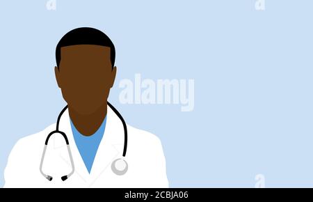 Vektor-Illustration eines schwarzen männlichen Arzt mit Stethoskop um den Hals trägt ein weißes Fell und blaue Peelings. Der Mensch ist vor blauem Hintergrund isoliert. Stock Vektor