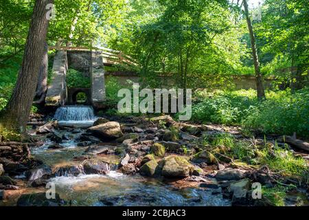 Wasserfall unter einer Brücke fließt in einen Waldbach. Stockfoto