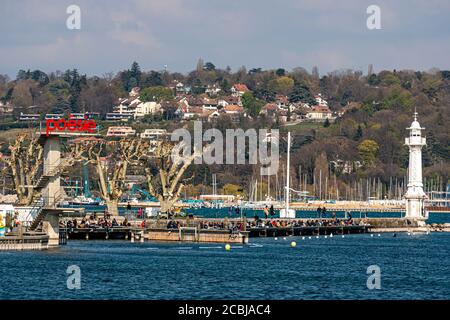 Genf, Schweiz - 14 April, 2019: Leuchtturm am Genfer See (Lac Leman), Genf, Schweiz - Bild Stockfoto