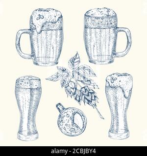 Set handgezeichnete Skizzengläser für alkoholische Getränke. Bier. Bar im Vintage-Design, Restaurant, Café-Menü auf weißem Hintergrund. Kreative Vorlage für Flyer Stock Vektor