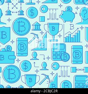 Digitale Währung nahtloses Muster im Linienstil. Virtueller Geldhintergrund mit Bitcoin-Symbolen. Vektorgrafik. Stock Vektor