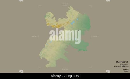 Gebiet Tscheljabinsk, Region Russland, isoliert auf einem soliden Hintergrund in einem georeferenzierten Begrenzungsrahmen. Beschriftungen. Topografische Reliefkarte. 3D-Rendering Stockfoto