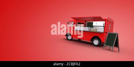 Red Food Truck auf rotem Hintergrund 3D-Rendering Stockfoto